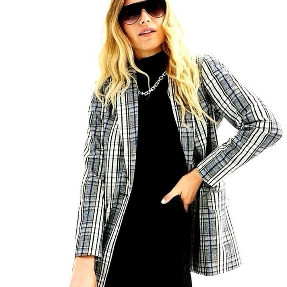 Nine West Women's Plaid Blazer Jacket Large Cream Navy Single-Button Check Chic